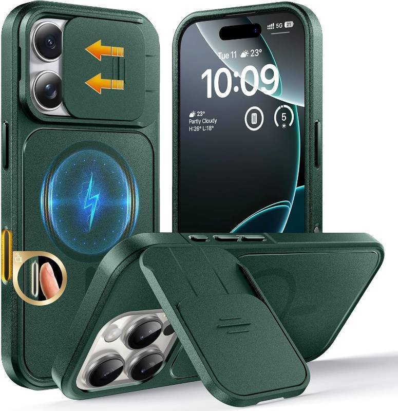 lot 66878 image: TOCOL for iPhone 16 Pro Case with Slide Camera Cover, Kickstand and Camera Control Button, Fit for MagSafe, Rugged Solid Phone Case, Non-Slip, Drop Protection, Alpine Green