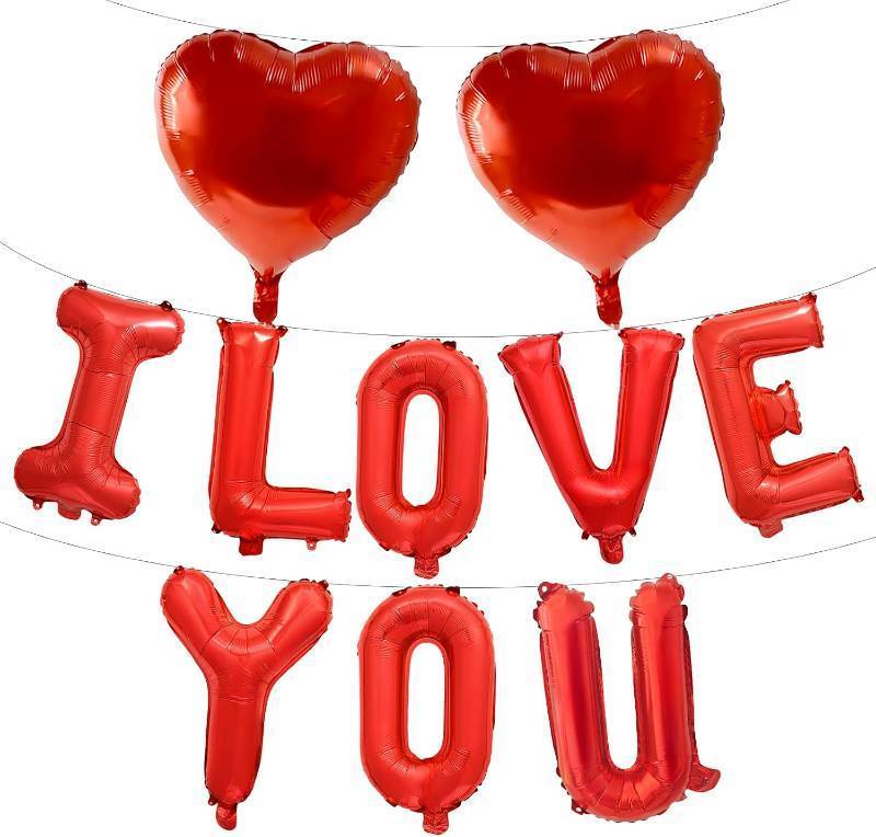 lot 66884 image: 8 x 16 inches, 2 x 18 inches 16 Inches Red I LOVE YOU Balloons Banner - Mylar Letter Balloons with 2 Red Heart Shaped Foil Balloons for Romantic Decorations, Anniversaries, Engagements, Proposals, a