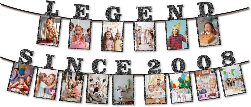 lot 66902 image: Pre-Strung Legend Since 2008 Black Glitter Photo Banner - Happy 18th Birthday Party Banner - 18th Wedding Anniversary Decorations - Milestone Birthday Party Decorations Photo le2008