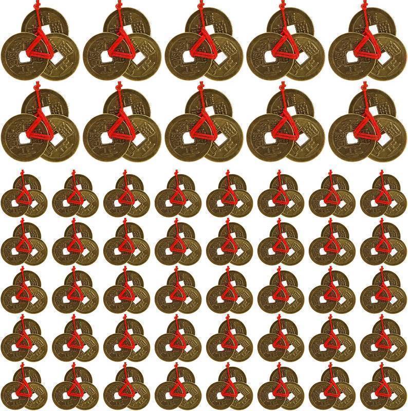lot 64013 image: Peohud 150 Pieces Chinese Fortune Coins, 1 Inch Feng Shui Coins, Ancient Chinese Dynasty Coin with Red String for Chinese Lunar New Year Wealth, Good luck, and Success, 50 Sets Coins
