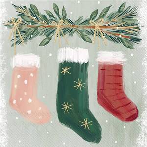 lot 68007 image: 5 x 5 IHR Ideal Home Range Cocktail Napkins Disposable 3-Ply Paper Party Napkin Pack, 5 x 5, Gilded Greenery Stockings, 20-Count