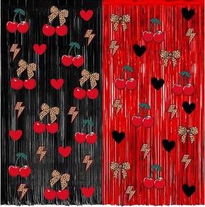 lot 68039 image: 3.2ft x 8.2ft 4 Pack 3.2x8.2ft Cherry Leopard Print Foil Fringe Curtains