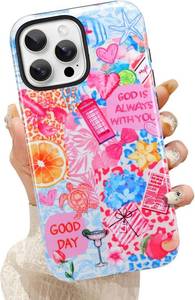 lot 68063 image: KANGHAR Case Compatible with iPhone 15 Pro Max Compatible with Magsafe Summer Collage Coastal Scratch Resistant Hybrid 2-Layer Hard Protective Phone Cover for Girl Women Boy Men 6.7 Inch Pink