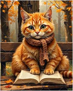 lot 68064 image: 16X20IN Folded Autumn Cat Paint by Numbers Kit for Adults - DIY Cute Orange Tabby with Book Painting on Canvas 16x20 Inch, Acrylic Paint Set, Suitable for Beginners, Art for Home Decoration or Gifts