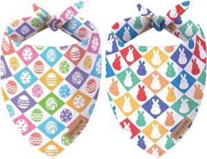 lot 68077 image: X-Large Easter Dog Bandanas, 2-Pack Triangle Reversible Bunny Eggs Pet Scarves, Premium Fabric, Bandana for All Boys Girls Dogs (Checkered, One Size)