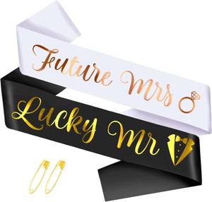 lot 68138 image: Future Mrs & Lucky Mr - Bride to Be & Groom to Be Sash Kit, Gold Glitter Bachelorette & Bachelor Sash for Wedding Bridal Shower Party Decorations Engagement Gifts (White and Black)