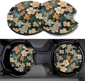 lot 68162 image: Car Cup Coasters,2 Pack Car Coaster, White-Blue Flowers