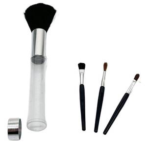 lot 144 image: NEW SILVER 2 in 1 Blush Brush with Built In Mini Makeup Tools Travel Handle