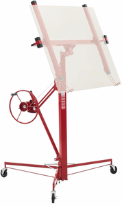 lot 159 image: VEVOR 11ft Drywall Lift, Heavy-Duty 150 lbs Sheetrock Hoist with Adjustable Telescoping Arm, Lockable Wheels, Drywall Lifter Panel Jack Hoist Tools Ideal for Ceiling & Wall Installation (Red) - Retail $165