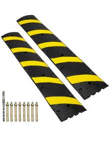lot 161 image: VEVOR 2PCs 6 ft72 Rubber Speed Hump, 2 Channel, 22000 lbs Capacity Heavy Duty Traffic Speed Bump, with High Reflective Yellow Strip 8 Expansion Screws and 1 Drill, for Asphalt Concrete Gravel Roads - Retail $161