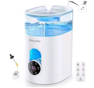 lot 166 image: GloryAir 6L Cool & Warm Mist Humidifier, Top Fill Large Room Humidifier with Smart Humidity Control, Remote Control, 7-Color Light - Retail $69