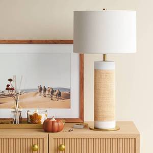 lot 188 image: Ceramic Table Lamp with Natural Wrap White (Light Bulbs Not Included) - Threshold Bedside, Rattan Style, Drum Shade - Retail $75