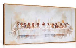 lot 190 image: KAIRNE Jesus Last Supper Christian Framed Canvas Wall Art Set-40x20x1Christ Twelve Apostle Wall Decor,Neutral Religious Art Prints,Mid Century Artwork for Living Room,Bedroom,Dining Room,Church - Retail $89