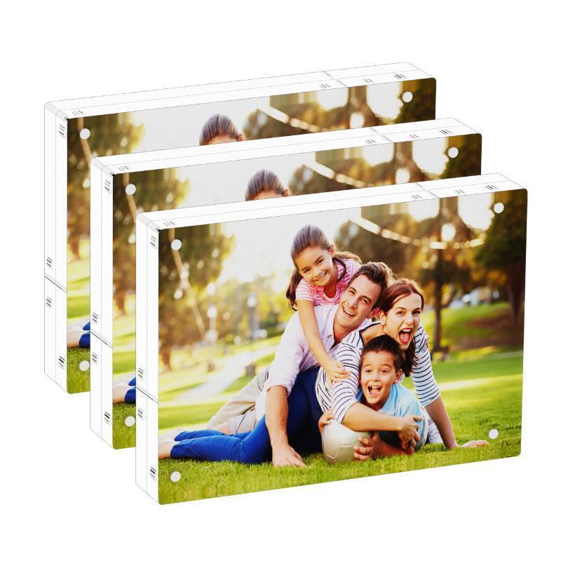 lot 2028 image: GENGENZER 4x6 Acrylic Picture Frame, Clear Freestanding Double Sided Acrylic Frameless Magnetic Photo Frame, Desktop Display Frames for Home Decor (1, 4x6) Retail $12