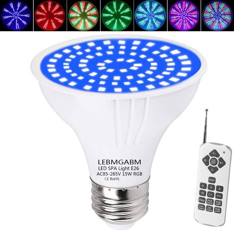 lot 2039 image: Spa Lights Bulb, Pool Accessories, Underwater LED Color Spa Lights for Hot Tub Fixtures, 120V 15W RGB Color Change, Replacement Bulb for Pentair, Hayward and Other E26 Screw in Type Bulbs - Retail $50