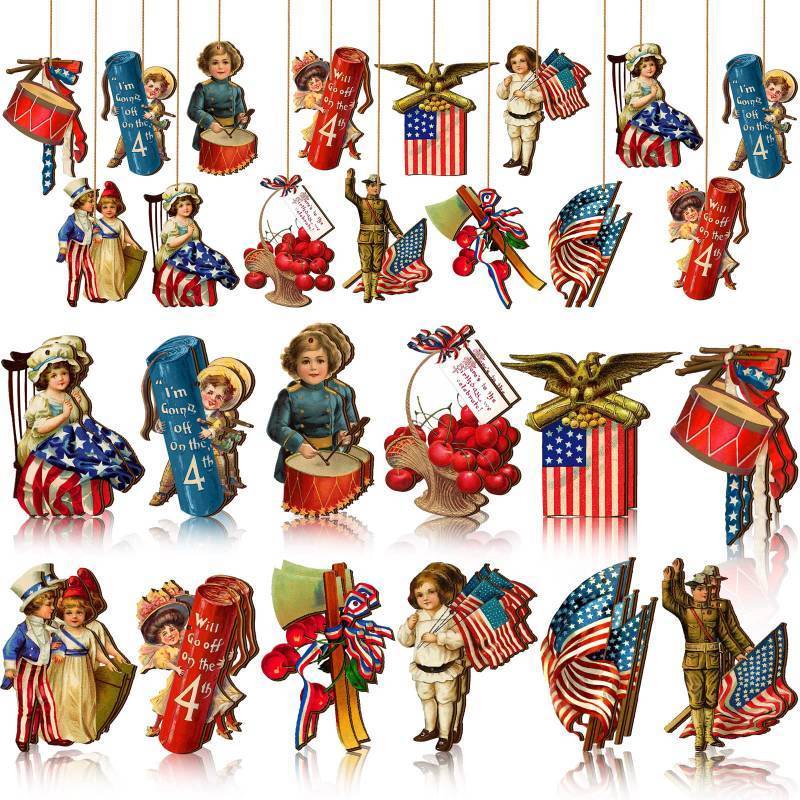 lot 2040 image: Panelee 23 Pcs 4th of July Ornaments Vintage Patriotic Tree Ornaments Wooden Memorial Day Decorations Red White Blue Hanging Ornament for Small Tree Independence Day Party Decor(Vintage) - Retail $10