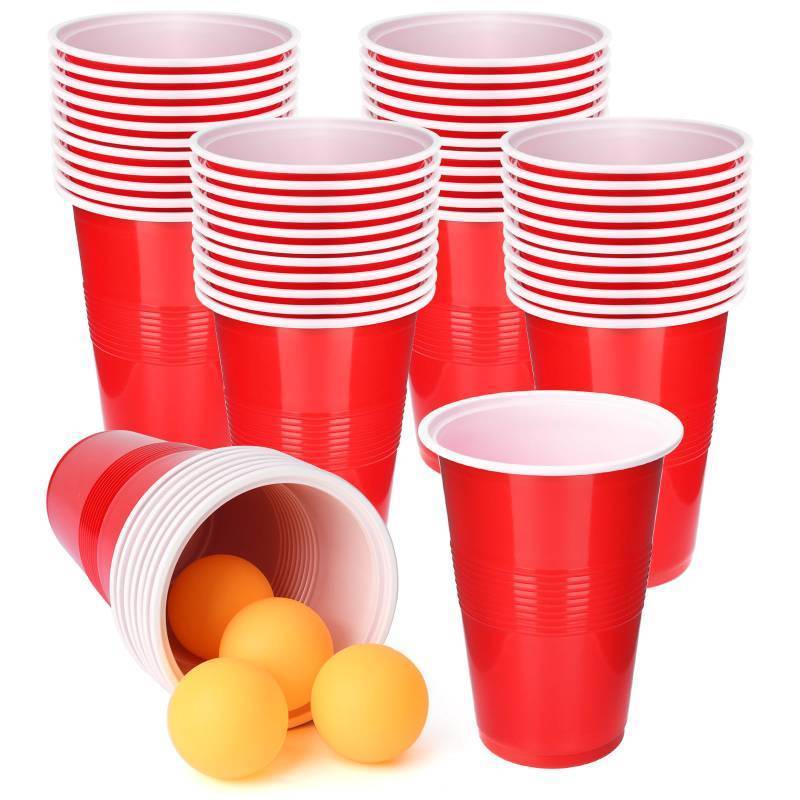 lot 2042 image: SUNYIWJIE Cup Pong Game Set 22 Pcs 16 Oz Plastic Party Cups with 4 Pcs Ping Pong Balls for Christmas New Year Gift (Red) - Retail $16