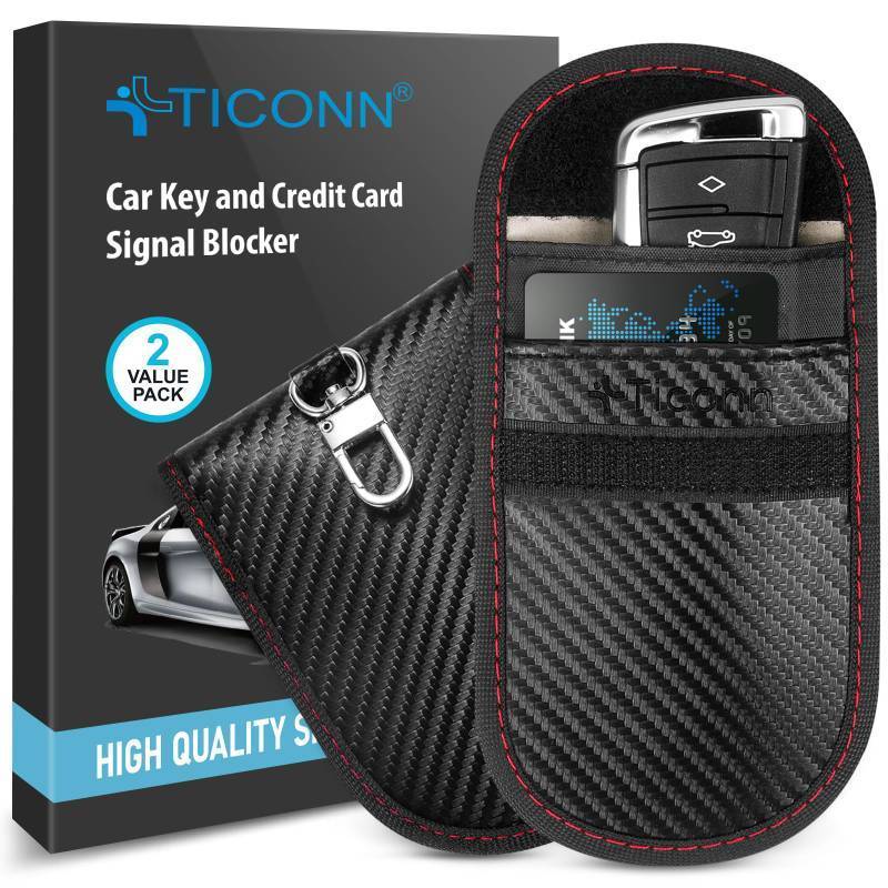 lot 2045 image: TICONN 2PK Faraday Bag for Key Fob, 3.5X5.0 Faraday Cage Protector, Car RFID Signal Blocking, Anti-Theft Pouch Anti-Hacking Case Blocker (Carbon Fiber) - Retail $19