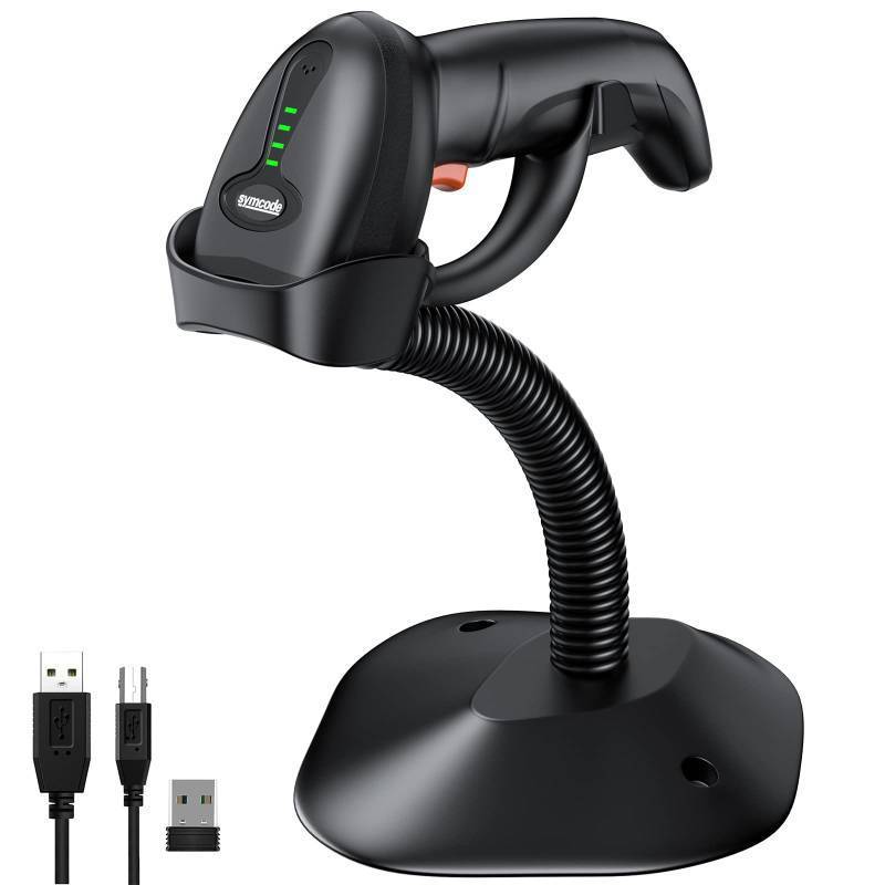 lot 2072 image: Symcode Bluetooth Wireless Barcode Scanner with Auto-Sensing Stand,Putting on Stand to Scan Automatically Sense Scanning 2D QR Bluetooth Barcode Scanner with Battery Level Indicator More-to-one Mode - Retail $37