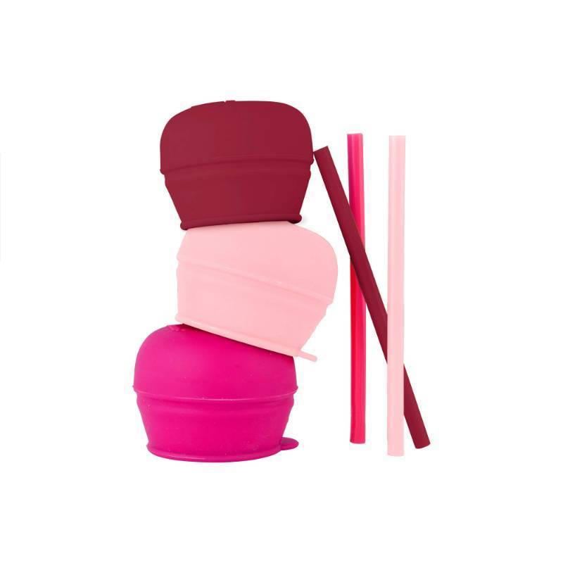 lot 2086 image: Boon Snug Straw Universal Silicone Straw Lids - Multi (3pk), Pink - Retail $11