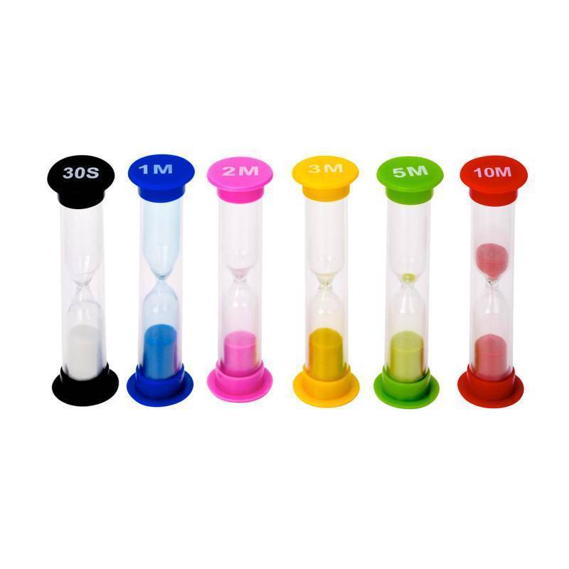 lot 2094 image: I-MART Plastic Sand Timer Sandglass Hourglass Sand Clock Timer 30 sec, 1 min, 2 mins, 3 mins, 5 mins, 10 mins (Pack of 6) Retail $9.99