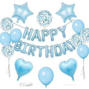 lot 2054 image: WEIKA 27 Pcs Light Blue Birthday Decorations, 3D Letters Light Blue Happy Birthday Balloon Banner, Pentagram Heart Foil Balloons Confetti Balloons Kit For Boys Girls Birthday Party Supplies - Retail $9