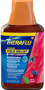 lot 70264 image: Theraflu Severe Cold and Flu Syrup with Included Dosing Cup, Berry Flavor - 8.3 Fl Oz Syrup - Retail $15