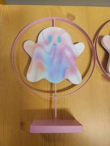 lot 71077 image: Ghost Decorative Figurine with Pink Stand and Hoop Frame Set of 2 - Retail $6