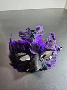 lot 71108 image: Feathered Masquerade Mask Purple Black with Glitter (3Pcs) - Retail $9