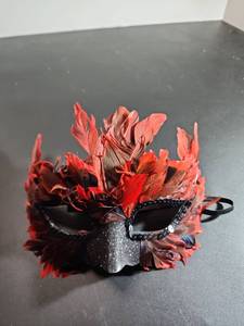 lot 71109 image: Feathered Masquerade Mask Red Black with Glitter (3Pcs) - Retail $9