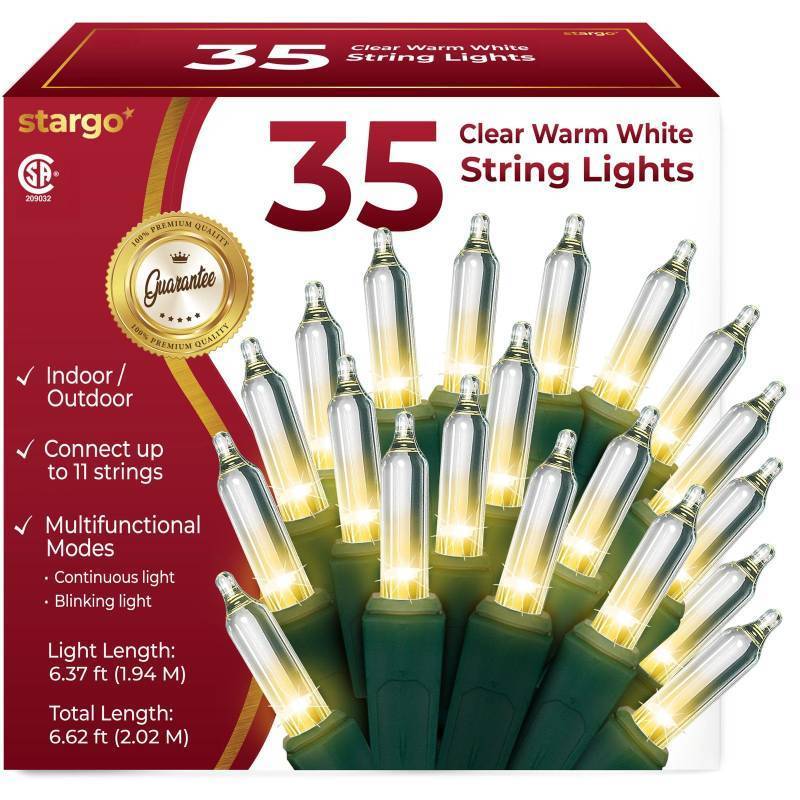 lot 7015 image: Clear Warm White Christmas Tree Lights - 6.3 ft String of 35 Incandescent Mini Bulbs Multifunctional Lighting Modes, for Decorative, Bedroom, Outdoor, Xmas Twinkle Lights with Green Wire Total 6.6 ft