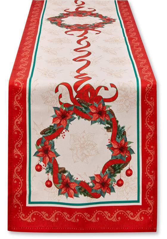 lot 6771 image: YiHomer Poinsettia Ribbon Engineered Printed Fabric Christmas Tabletop for Xmas Winter Holiday, Christmas Time, Tablecloth, 52 x 52 Square
