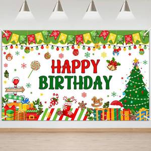 lot 9242 image: Lecheme Christmas Birthday Backdrop 6x4 ft Red Green Christmas Tree Banner for Merry Birthday Party Decorations
