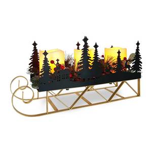 lot 10857 image: Christmas Sleigh Table Centerpieces Decorations, Xmas Black Cut-Out Tree Sleigh LED Candle Candelabrum with Timer Holiday Candle Holder for Home Party Table Mantel Decoration