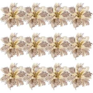 lot 10883 image: Christmas Poinsettia Flowers Glitter Poinsettias Gold Christmas Tree Decorations Artificial Flowers with Stems and Clips Xmas Wreath Ornaments, 12 Pieces,5.5 Inch