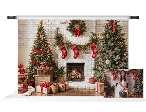lot 10899 image: Kate Christmas Fireplace Backdrops Xmas Trees Gift Home Party Decor Photo Fabric Background Photo Booth Props (7x5ft)