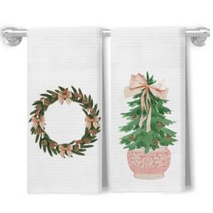 lot 10907 image: Qykwz Coquette Bow Christmas Tree Wreath Kitchen Towels, Girly Christmas Decor, Vintage Xmas Pine Cone Ornament Decorative Dish Hand Tea Towels for Bathroom Kitchen, 16x24 Inch Set of 2