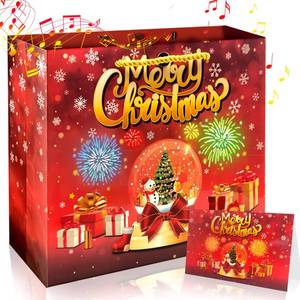 lot 10937 image: DTESL Christmas gift bag, light fireworks and cheer music with shopping handle, grocery bag, Christmas gift bag for wife husband men and women (Red, Medium)