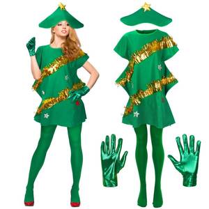 lot 10939 image: Sratte 4 Pcs Christmas Tree Costume Set for Women Xmas Outfit Dress Christmas Tree Hat Short Satin Gloves Green Tights(Large)