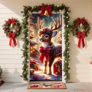 lot 10943 image: Red - Bow Reindeer Christmas Door Banner 71x35 Polyester Yard Garden Decor
