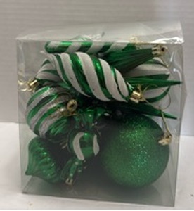 lot 10964 image: Christmas Ornament Set Green and Silver Striped Baubles 12 Count