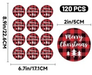 lot 10970 image: KINGLAKE GARDEN Merry Christmas Stickers 2 Inch Round 120 PCS Buffalo Plaid