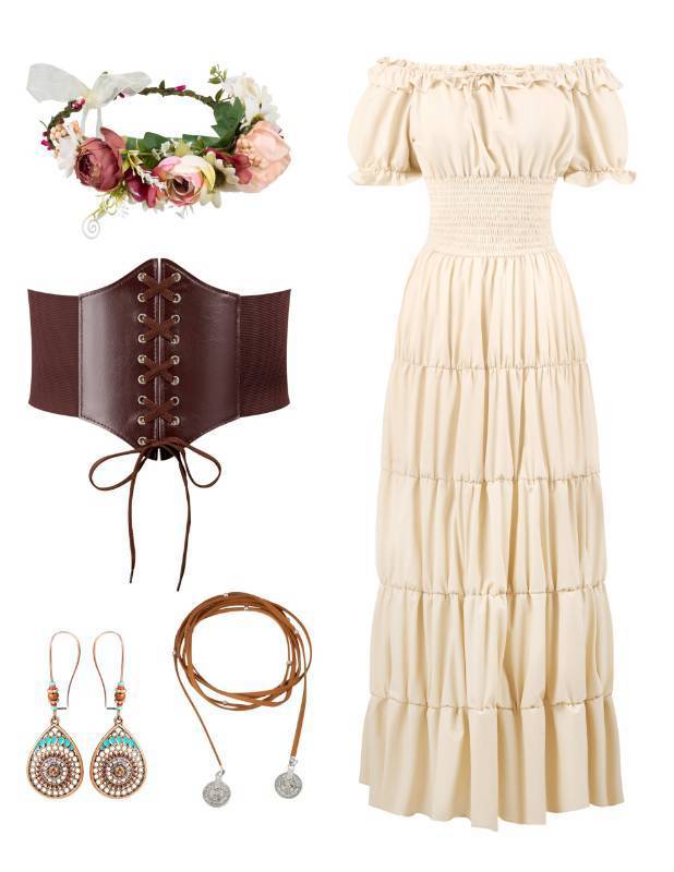 lot 10238 image: Spooktacular Creations 5Pcs Halloween Renaissance Medieval Dress Costume Women,Beige Fairy Chemise Dress Peasant Irish Gown With Wreath Waistbands Necklaces Earrings for Cosplay Paries(Small)