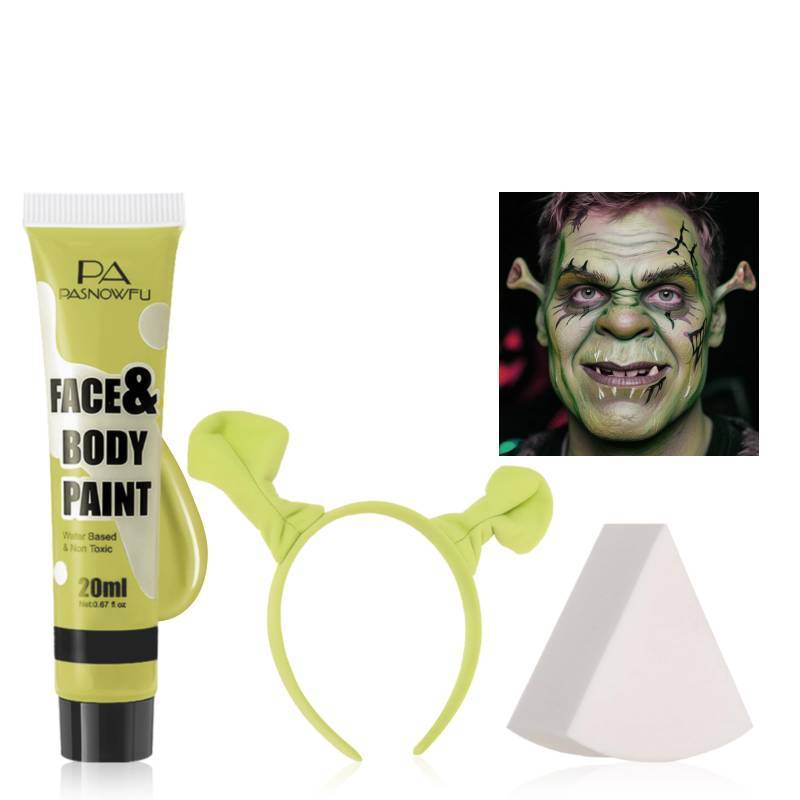 lot 9129 image: PASNOWFU Halloween Makeup Kit for Shrek, Water-Based Non-Toxic Face Paint Set with Headband, Ogre Green Face Paint for Halloween Cosplay SFX Makeup, Costume Parties, Theatre, Stage Shows