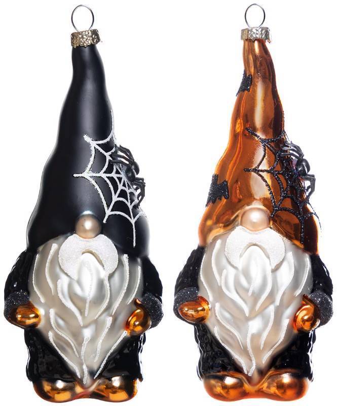 lot 10360 image: Set of 2 Hand Blown Glass Halloween Gnomes Ornaments for Christmas Tree