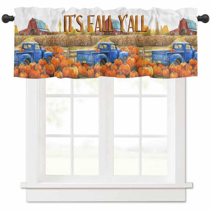 lot 10395 image: Mahcscha Valances for Windows Its Fall Yall Retro Blue Truck Pumpkin Farmhouse Kitchen Curtains Valances Rod Pocket Small Window Treatments Valance Curtains for Living Room Bedroom, 60x18 Inch