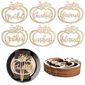 lot 9195 image: 12pcs Thanksgiving Wooden Plate Decor Thankful and Wishes Cutout,Slices Cutouts Cards Signs Pumpkin Shaped Design Tabletop Decor for Home Kitchen Table Family Party Decoration