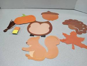 lot 9201 image: Fall Autumn Craft Kit Paper Cutouts Owl Squirrel Pumpkin Leaf