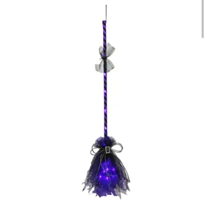 lot 9219 image: Haunted Hill Farm 3-ft Freestanding Lighted 3 ft. Purple Witchs Broomstick with Purple Lights Battery-Operated Purple Tulle with Faux Black Lace and Silk Halloween Props HHBROOM-1LS Broom Animatronic