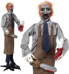 lot 60737 image: Outvita Halloween Decorations 5.7ft Standing Man, Vibrates Eyes Glow Red and Makes Chainsaw Sound, Halloween Outdoor Animatronics for Lawn Outside Indoor Garden Yard Patio - Retail $56
